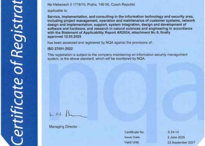 Certificate ISO 27001 pro ICZ.INFRA a.s. en