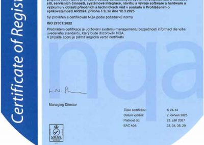 Certifikát ISO 27001 pro ICZ.INFRA a.s. cz