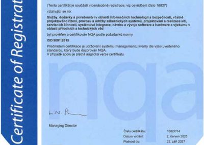 Certifikát ISO 9001 pro INCZ.INFRA a.s. cz
