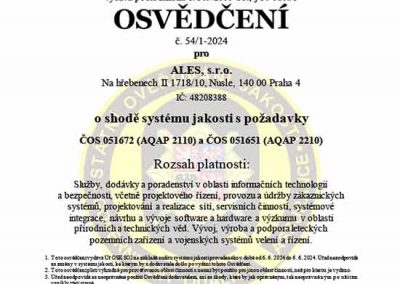 Osvědčení AQAP pro ALES s.r.o.