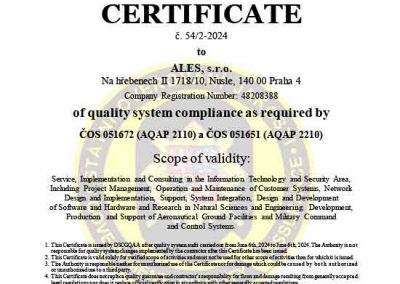 Certificate AQAP 2110 ALES s.r.o. en