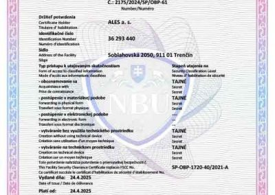 Potvrdenie NBÚ SK Tajné pre ALES a.s.