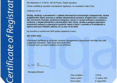 Certifikát ISO 27001 pro ALES s.r.o. cz