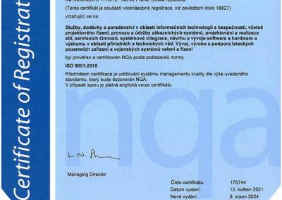 Certifikát ISO 9001 pro ALES s.r.o. cz