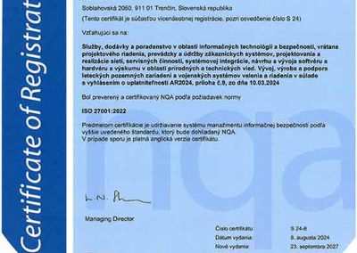Certifikát ISO 27001 pro ALES a.s.