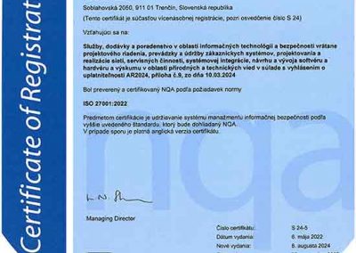Certifikát ISO 27001 D.ICZ Slovakia a.s.