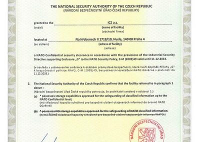Certifikát NATO: Důvěrné pro ICZ a.s.