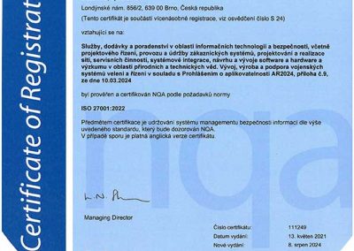 Certifikát ISO 27001 pro DELINFO cz