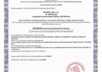 Osvědčení NBÚ ČR Důvěrné pro DELINFO cz