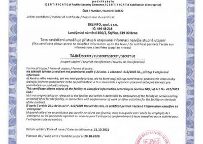 Osvědčení NBÚ Tajné pro DELINFO