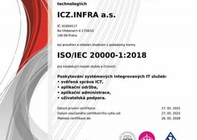 Certifikát ISO 20000 pro ICZ.INFRA a.s. cz