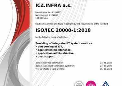 Certificate ISO 20000 - ICZ.INFRA a.s. en
