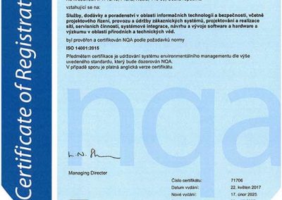 Certifikát ISO 14001 ICZ.Services a.s.