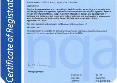 Certificate ISO 27001 ICZ Services a.s.