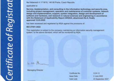 Certificate ISO 27001 ISZ.DMS a.s. cz