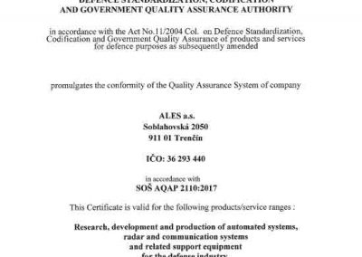 Certificate AQAP ALES a.s. en