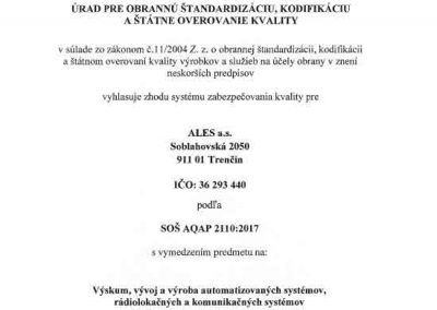 Osvedčenie AQAP pro ALES a.s.