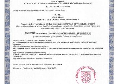 Osvědčení Důvěrné pro ICZ a.s.
