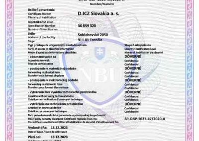Potvrdenie NBÚ SK Důvěrné NATO D.ICZ Slovakia a.s.