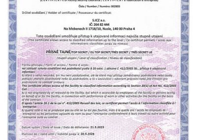 Osvědčení NBÚ Přísně tajné pro S.ICZ a.s.