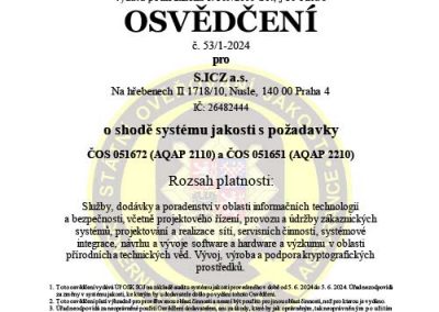 Osvědčení AQAP 2110 2210 pro S.ICZ a.s.