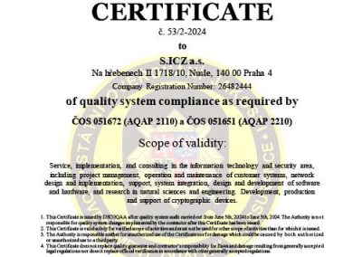 Certificate AQAP 2110 2210 pro S.ICZ a.s.