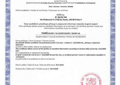 Osvědčení NBÚ Tajné pro ICZ a.s.