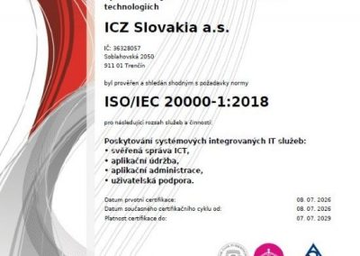 Certificate ISO 20000 ICZ Slovakia a.s. cz