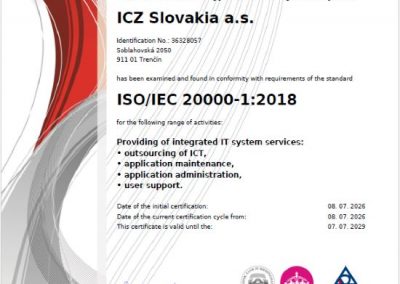 Certificate ISO 20000 ICZ Slovakia a.s. en